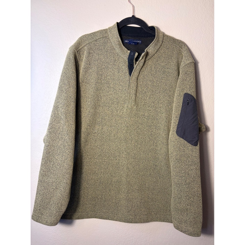 ExOfficio Mens XL Fleece Pullover Sweater Olive Green Snap Neck Sleeve Pocket